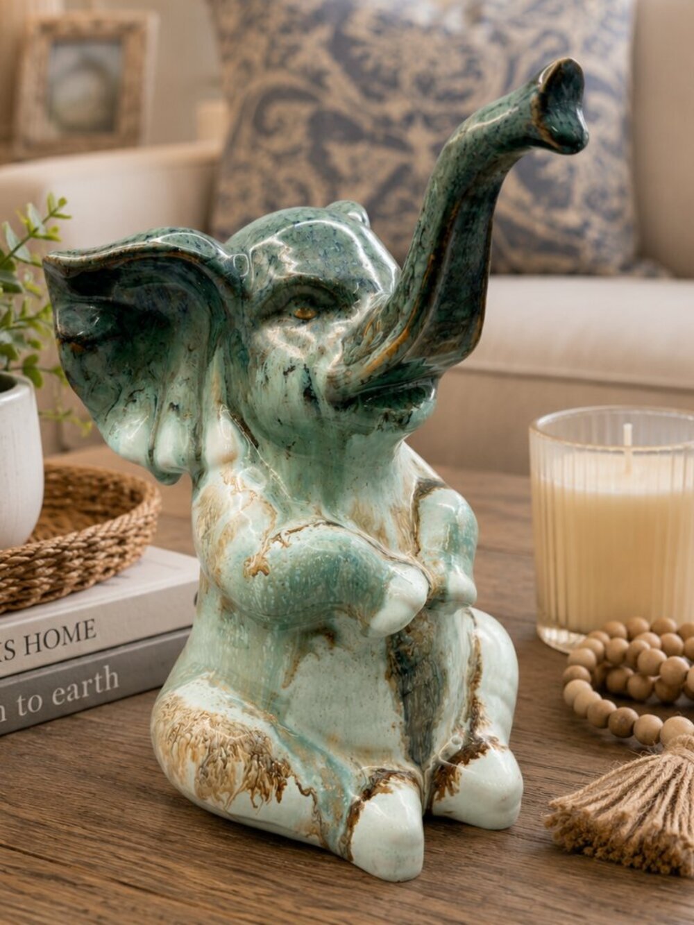 Apropos Home Collection Drip Glaze Elephant Figurine Blue Green Ceramic Decor